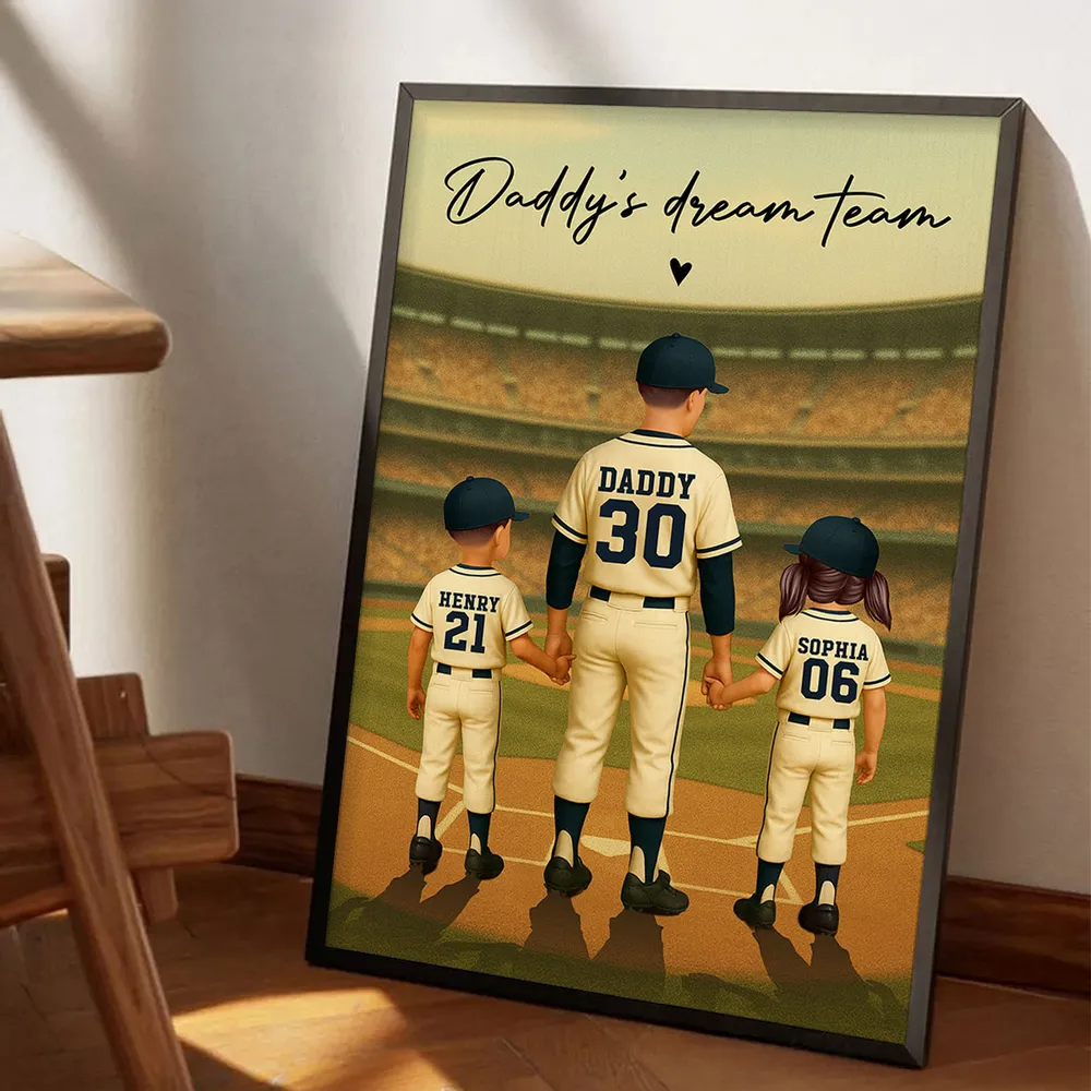 Dad's Dream Team 1st Place Dads and Kids Baseball Vintage Personalized Poster