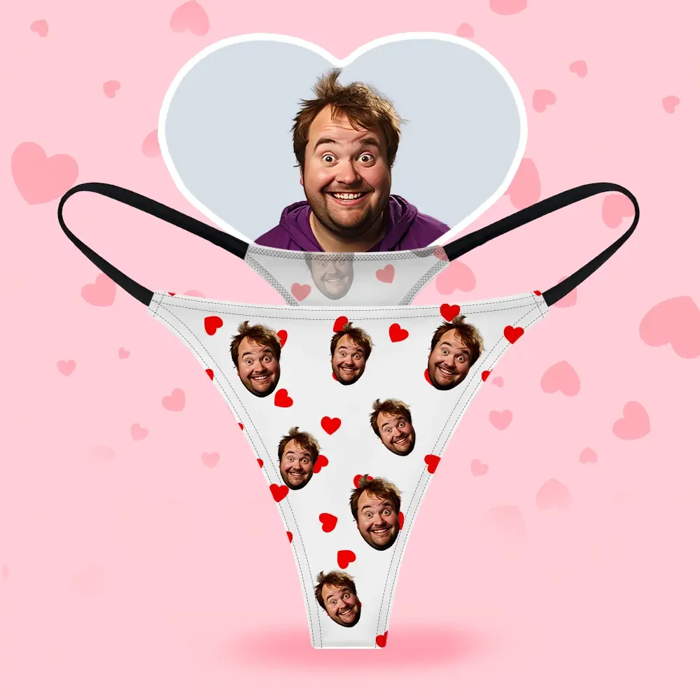 Custom Face Women's Thongs Heart Style Underwear, Birthday Gifts for Wife and Girlfriend