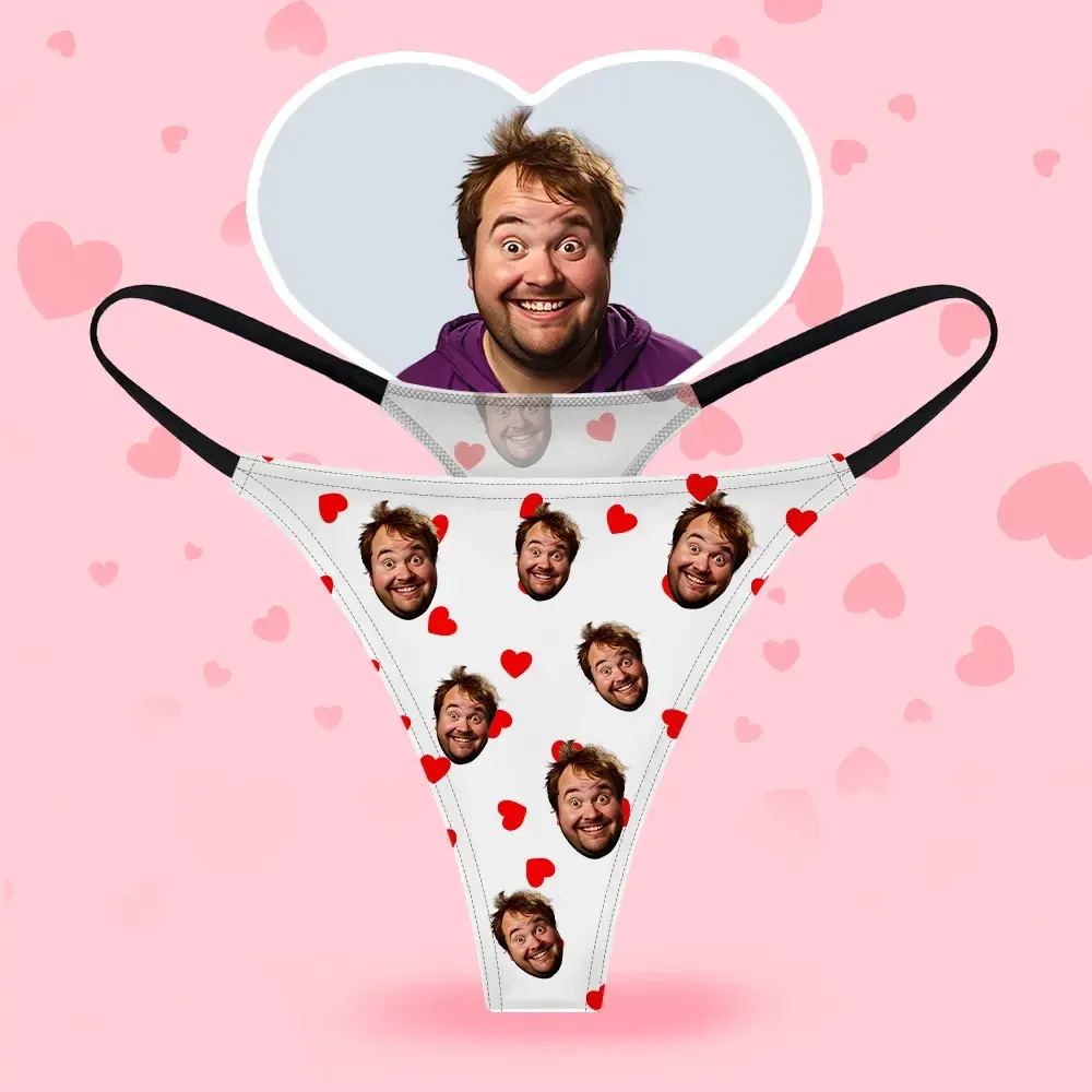 Custom Face Women's Thongs Heart Style Underwear, Birthday Gifts for Wife and Girlfriend