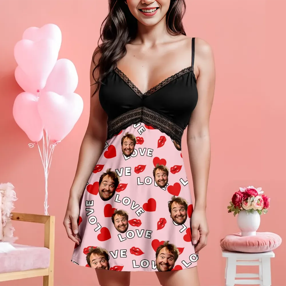 Custom Face Women Lace Suspender Sleepwear Heart Personalized V-neck Multi-Color Nightwear