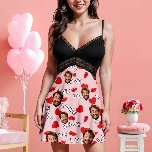 Custom Face Women Lace Suspender Sleepwear Heart Personalized V-neck Multi-Color Nightwear