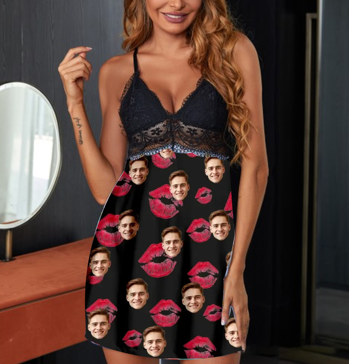 Custom Face Women Lace Suspender Sleepwear Personalized Lips V-neck Multi-Color Nightwear