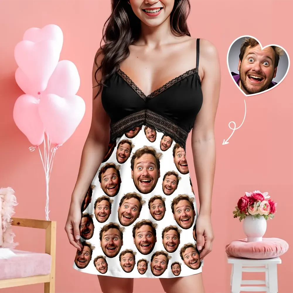 Custom Face Women Lace Suspender Sleepwear Personalized V-neck Multi-Color Nightwear