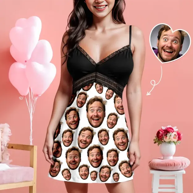 Custom Face Women Lace Suspender Sleepwear Personalized V-neck Multi-Color Nightwear