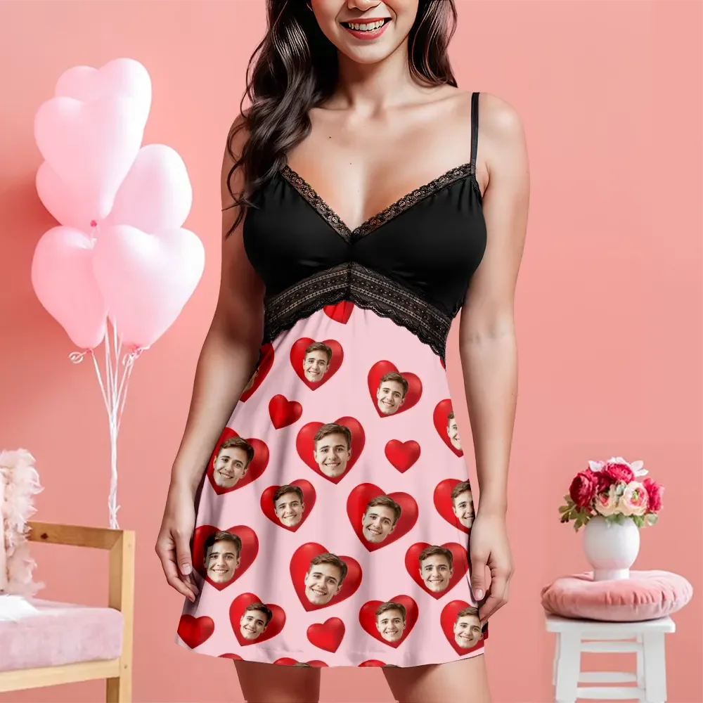 Custom Face Women Lace Suspender Sleepwear Personalized Heart V-neck Multi-Color Nightwear