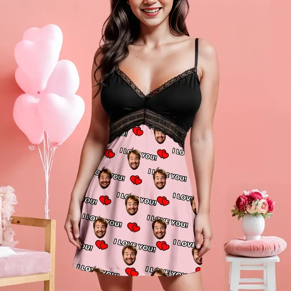 Custom Face Women Lace Suspender Sleepwear I Love You Personalized V-neck Multi-Color Nightwear