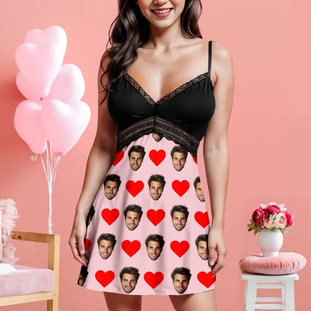 Custom Face Women Lace Suspender Sleepwear Personalized Heart V-neck Multi-Color Nightwear