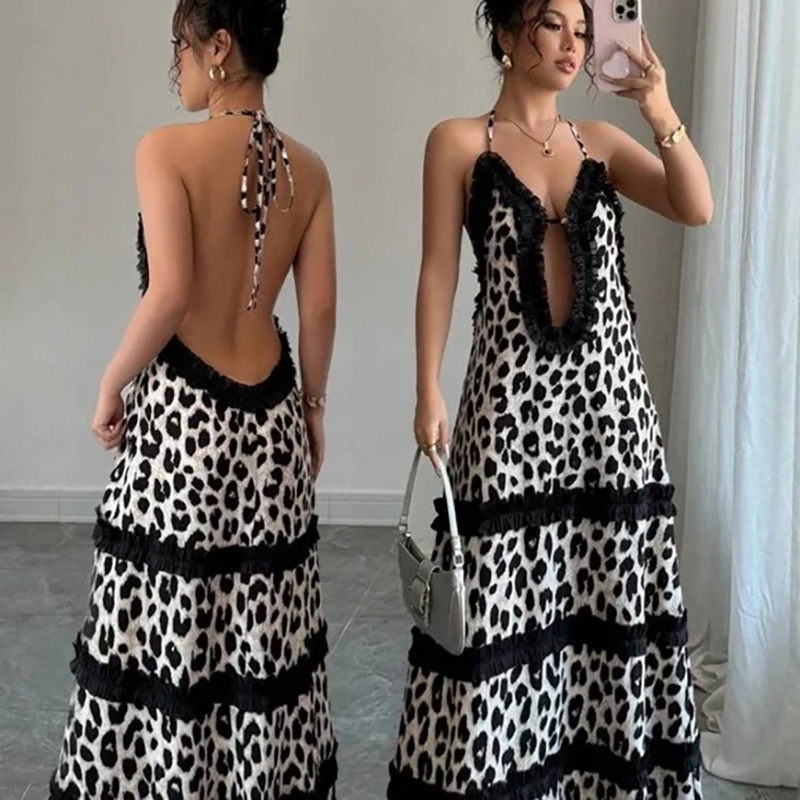 Backless leopard print black lace-trimmed beach dress