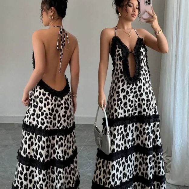 Backless leopard print black lace-trimmed beach dress