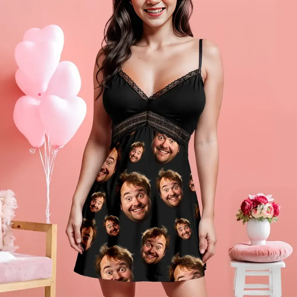 Custom Face Women Lace Suspender Sleepwear Personalized V-neck Multi-Color Nightwear