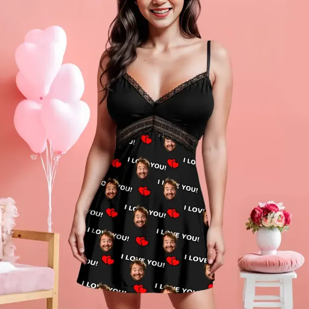 Custom Face Women Lace Suspender Sleepwear I Love You Personalized V-neck Multi-Color Nightwear