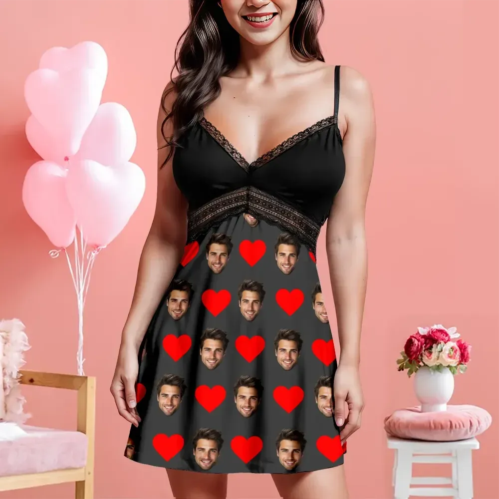 Custom Face Women Lace Suspender Sleepwear Personalized Heart V-neck Multi-Color Nightwear