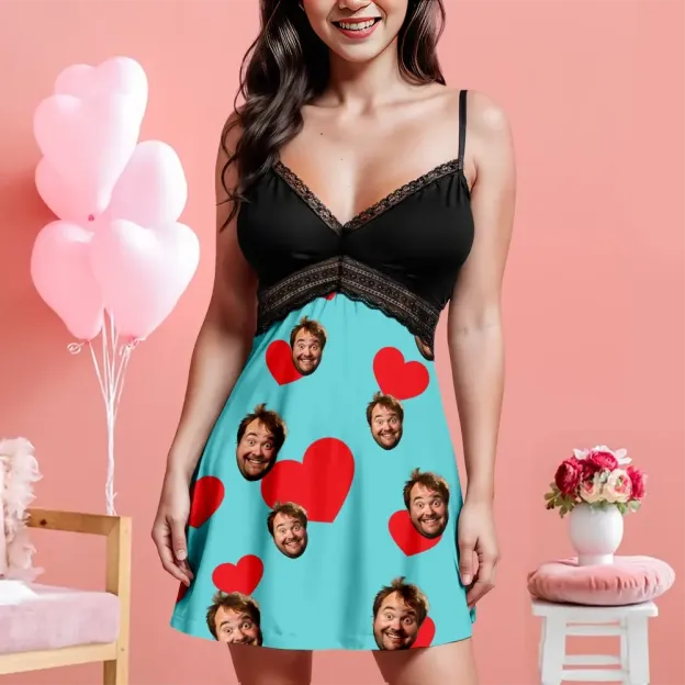 Custom Face Women Lace Suspender Sleepwear Heart Personalized V-neck Multi-Color Nightwear