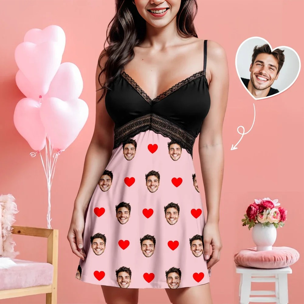 Custom Face Women Lace Suspender Sleepwear Personalized V-neck Multi-Color Nightwear