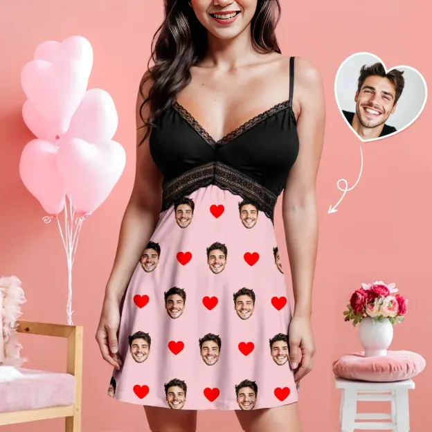 Custom Face Women Lace Suspender Sleepwear Personalized V-neck Multi-Color Nightwear