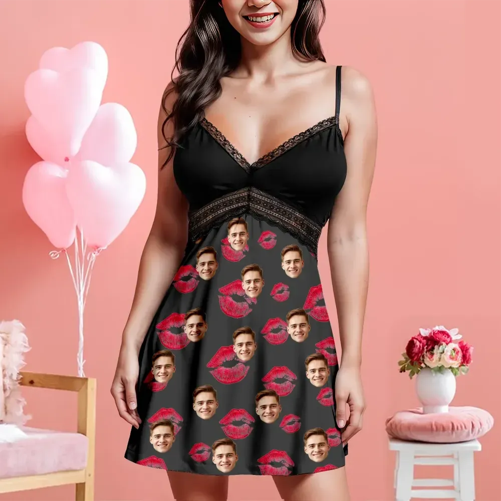 Custom Face Women Lace Suspender Sleepwear Personalized Lips V-neck Multi-Color Nightwear