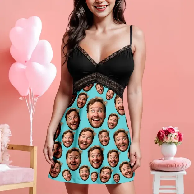 Custom Face Women Lace Suspender Sleepwear Personalized V-neck Multi-Color Nightwear