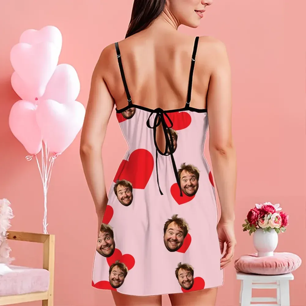 Custom Face Women Lace Suspender Sleepwear Heart Personalized V-neck Multi-Color Nightwear