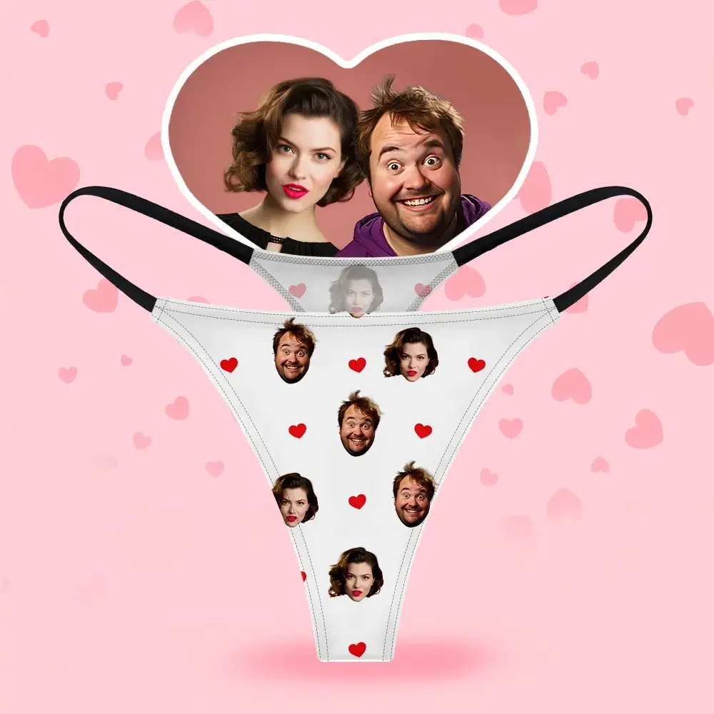 Custom Face Women's Thongs Heart Style Underwear, Birthday Gifts for Wife and Girlfriend