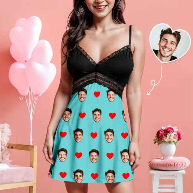 Custom Face Women Lace Suspender Sleepwear Personalized V-neck Multi-Color Nightwear