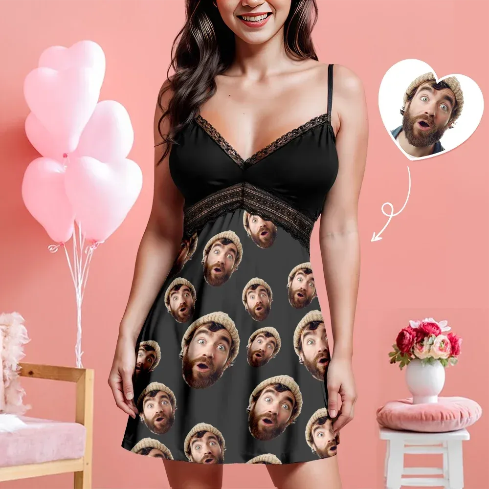 Custom Face Women Lace Suspender Sleepwear Personalized V-neck Multi-Color Nightwear