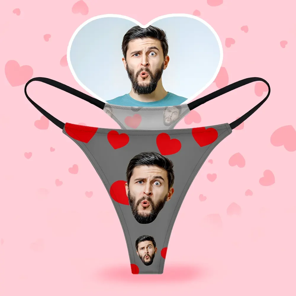 Custom Face Women's Thongs Red Heart Style Underwear, Birthday Gifts for Wife and Girlfriend