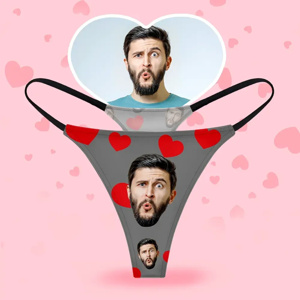 Custom Face Women's Thongs Red Heart Style Underwear, Birthday Gifts for Wife and Girlfriend