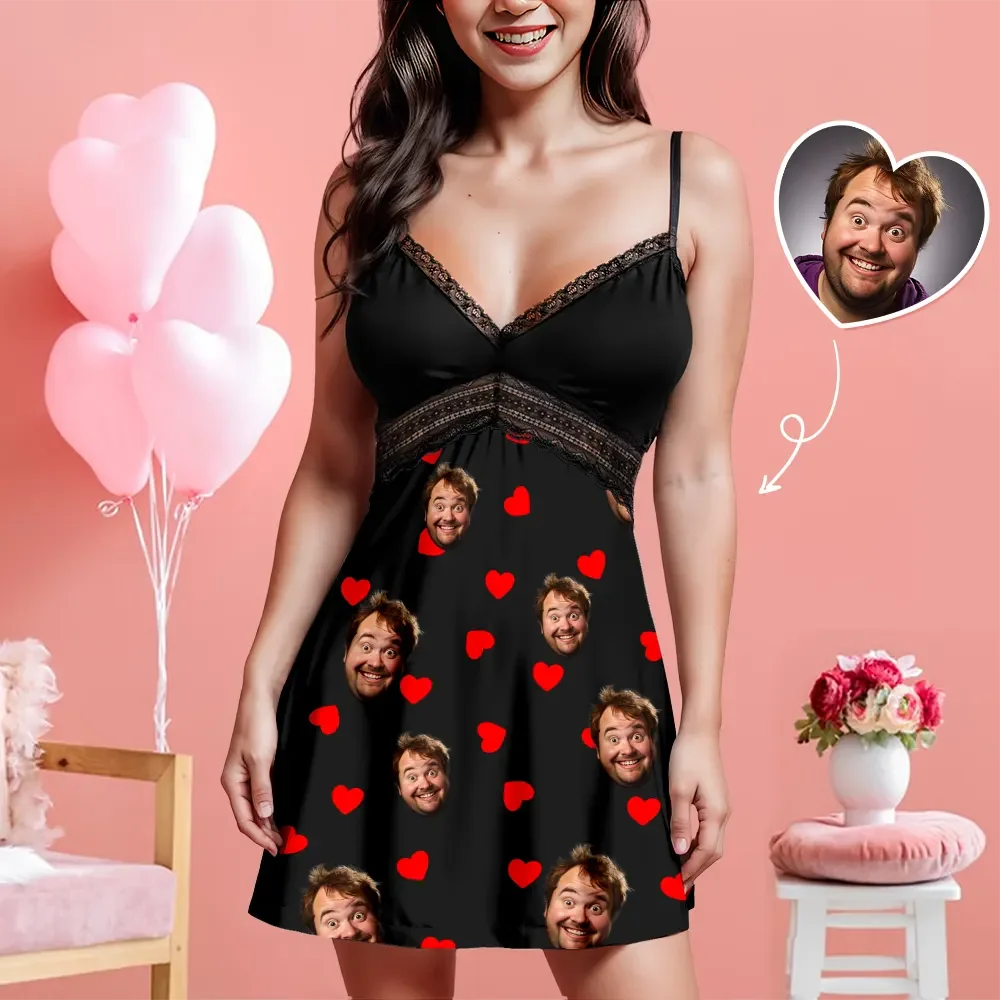 Custom Face Women Lace Suspender Sleepwear Heart Personalized V-neck Multi-Color Nightwear