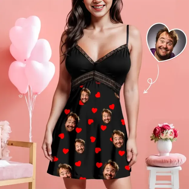 Custom Face Women Lace Suspender Sleepwear Heart Personalized V-neck Multi-Color Nightwear