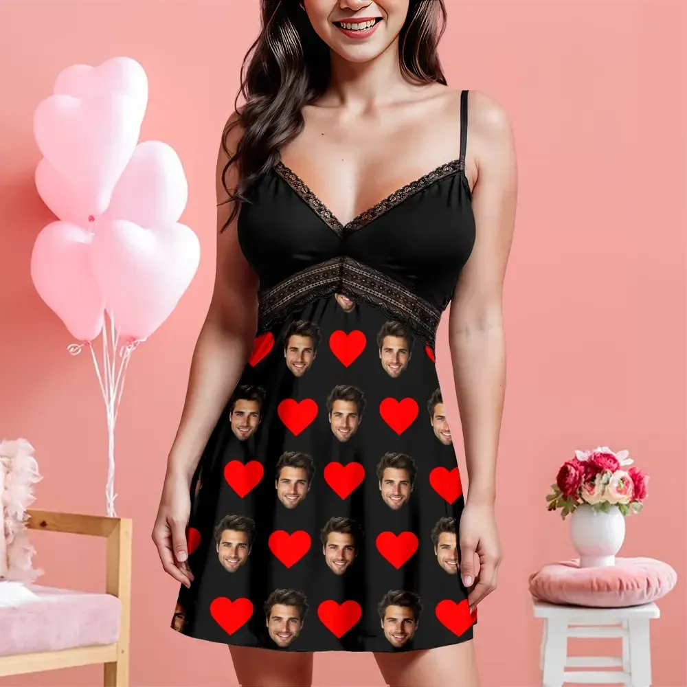 Custom Face Women Lace Suspender Sleepwear Personalized Heart V-neck Multi-Color Nightwear