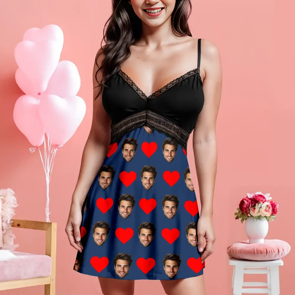 Custom Face Women Lace Suspender Sleepwear Personalized Heart V-neck Multi-Color Nightwear