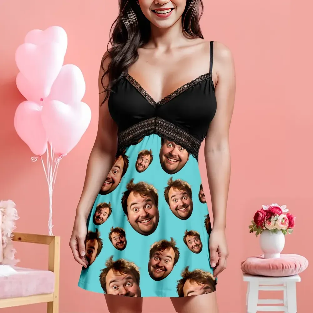 Custom Face Women Lace Suspender Sleepwear Personalized V-neck Multi-Color Nightwear