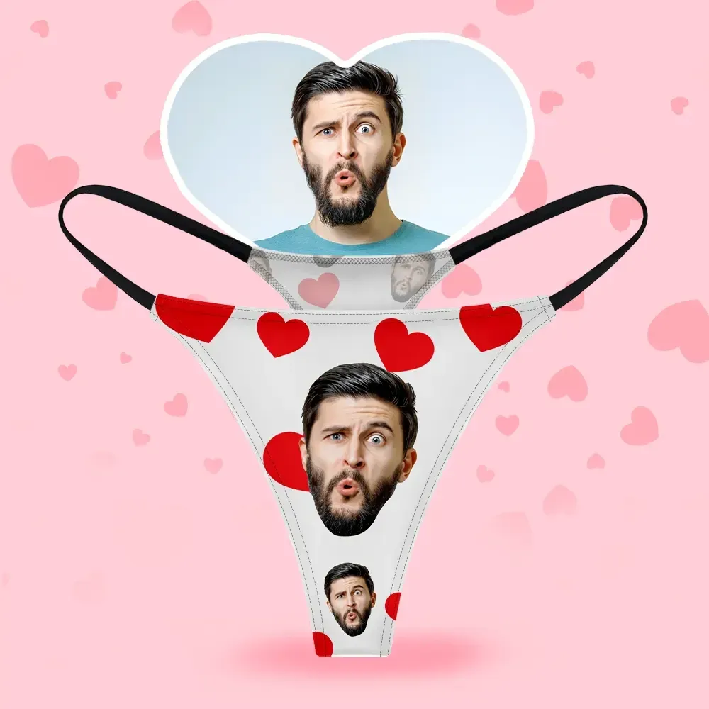 Custom Face Women's Thongs Red Heart Style Underwear, Birthday Gifts for Wife and Girlfriend