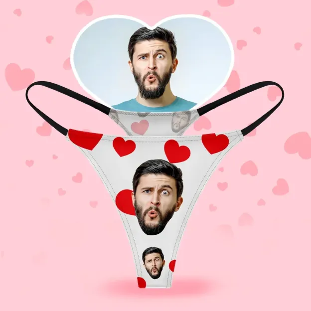 Custom Face Women's Thongs Red Heart Style Underwear, Birthday Gifts for Wife and Girlfriend