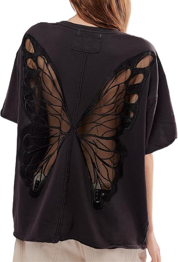 Hollow Butterfly Hot Girls Style Loose Short Round Neck T-Shirt