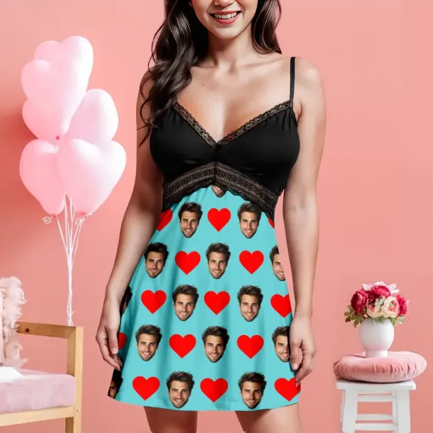 Custom Face Women Lace Suspender Sleepwear Personalized Heart V-neck Multi-Color Nightwear