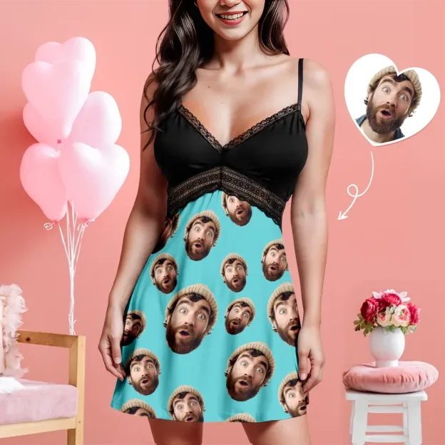 Custom Face Women Lace Suspender Sleepwear Personalized V-neck Multi-Color Nightwear