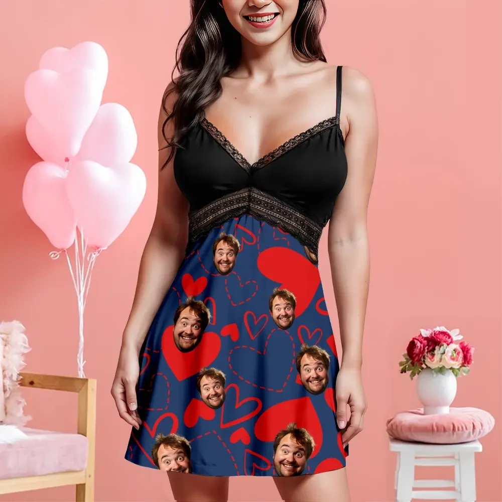 Custom Face Women Lace Suspender Sleepwear Heart Personalized V-neck Multi-Color Nightwear