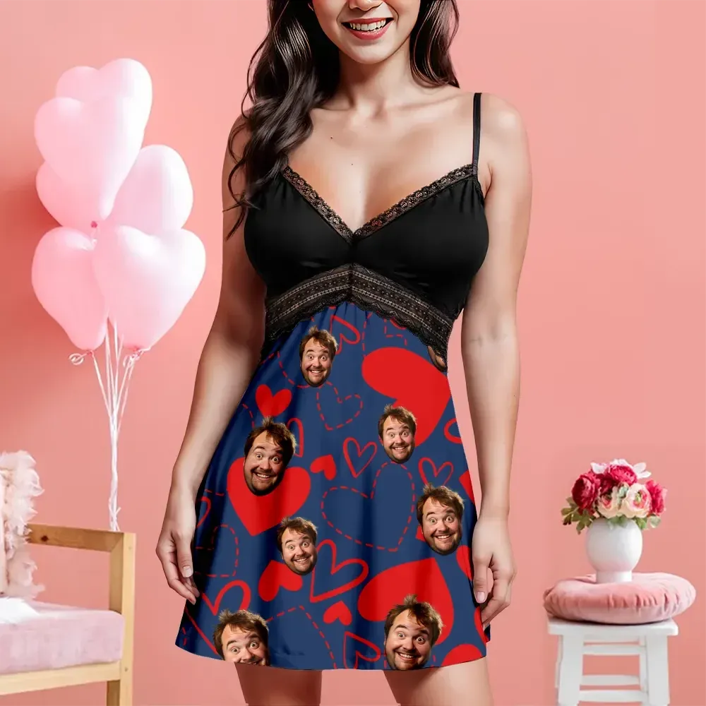 Custom Face Women Lace Suspender Sleepwear Heart Personalized V-neck Multi-Color Nightwear