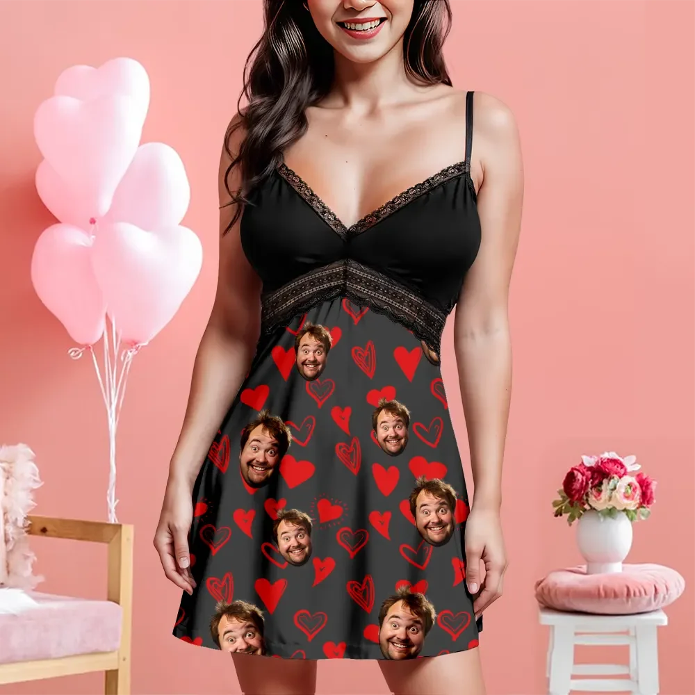 Custom Face Women Lace Suspender Sleepwear Heart Personalized V-neck Multi-Color Nightwear