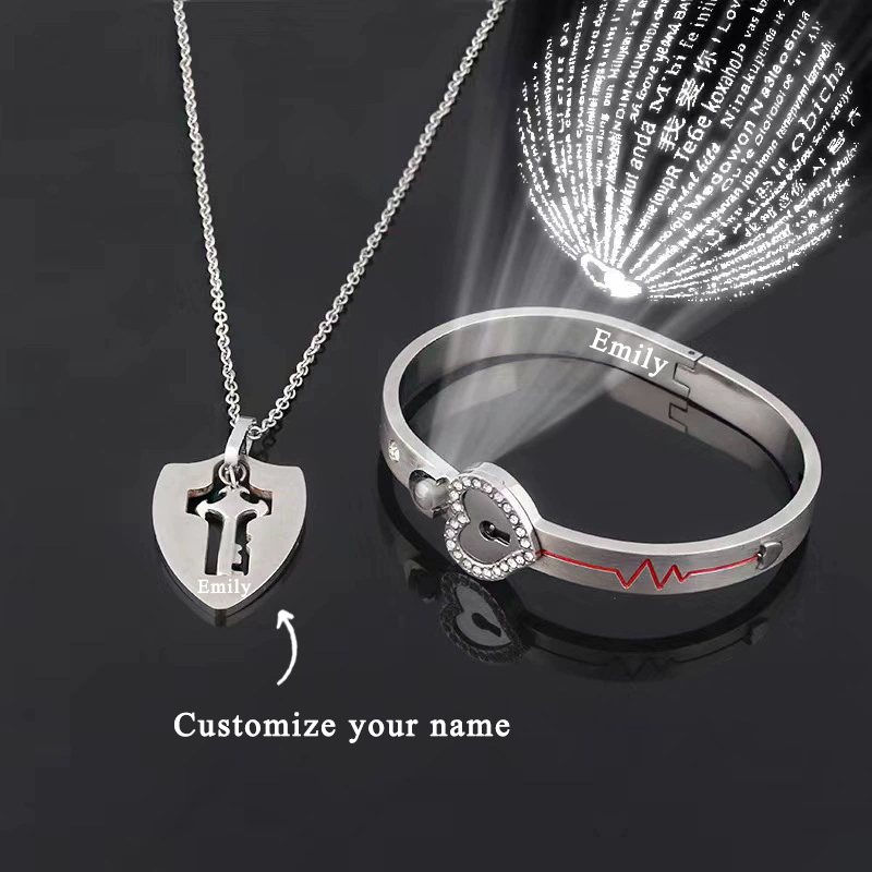 Couple Key Necklace and Love Lock Bracelet Set