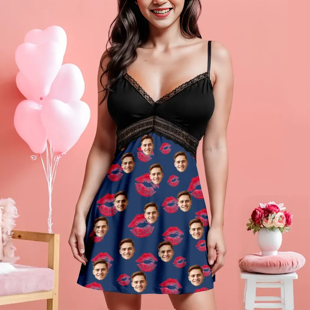 Custom Face Women Lace Suspender Sleepwear Personalized Lips V-neck Multi-Color Nightwear