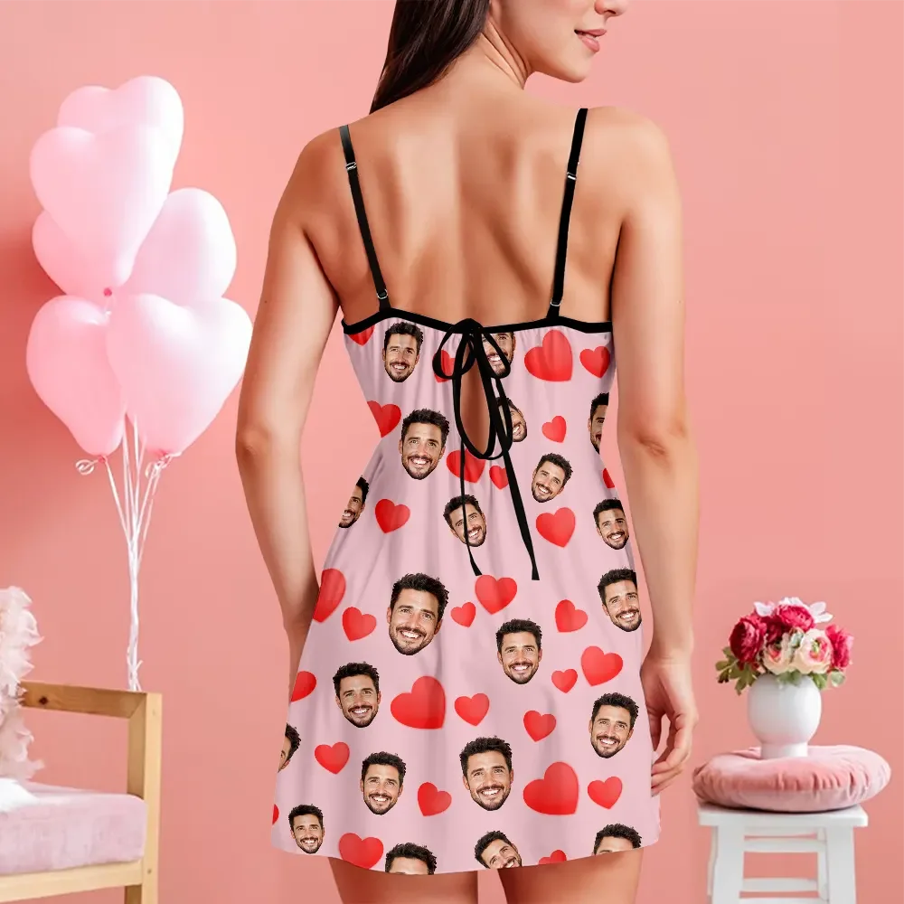 Custom Face Women Lace Suspender Sleepwear Personalized Heart V-neck Multi-Color Nightwear