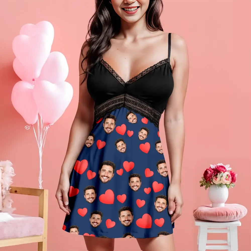 Custom Face Women Lace Suspender Sleepwear Personalized Heart V-neck Multi-Color Nightwear