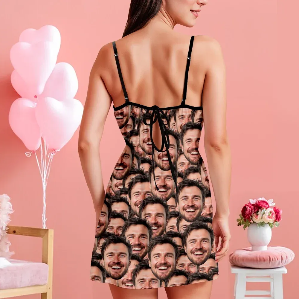 Custom Face Women Lace Suspender Sleepwear Heart Personalized V-neck Multi-Color Nightwear