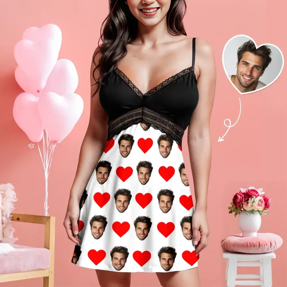Custom Face Women Lace Suspender Sleepwear Personalized Heart V-neck M