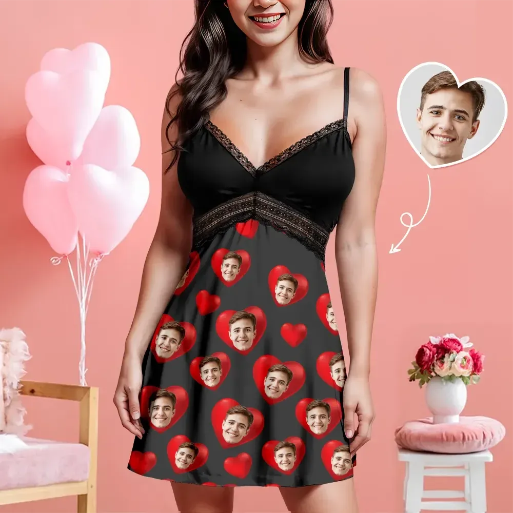 Custom Face Women Lace Suspender Sleepwear Personalized Heart V-neck M