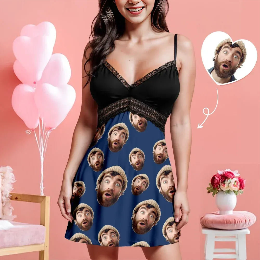 Custom Face Women Lace Suspender Sleepwear Personalized V-neck Multi-Color Nightwear