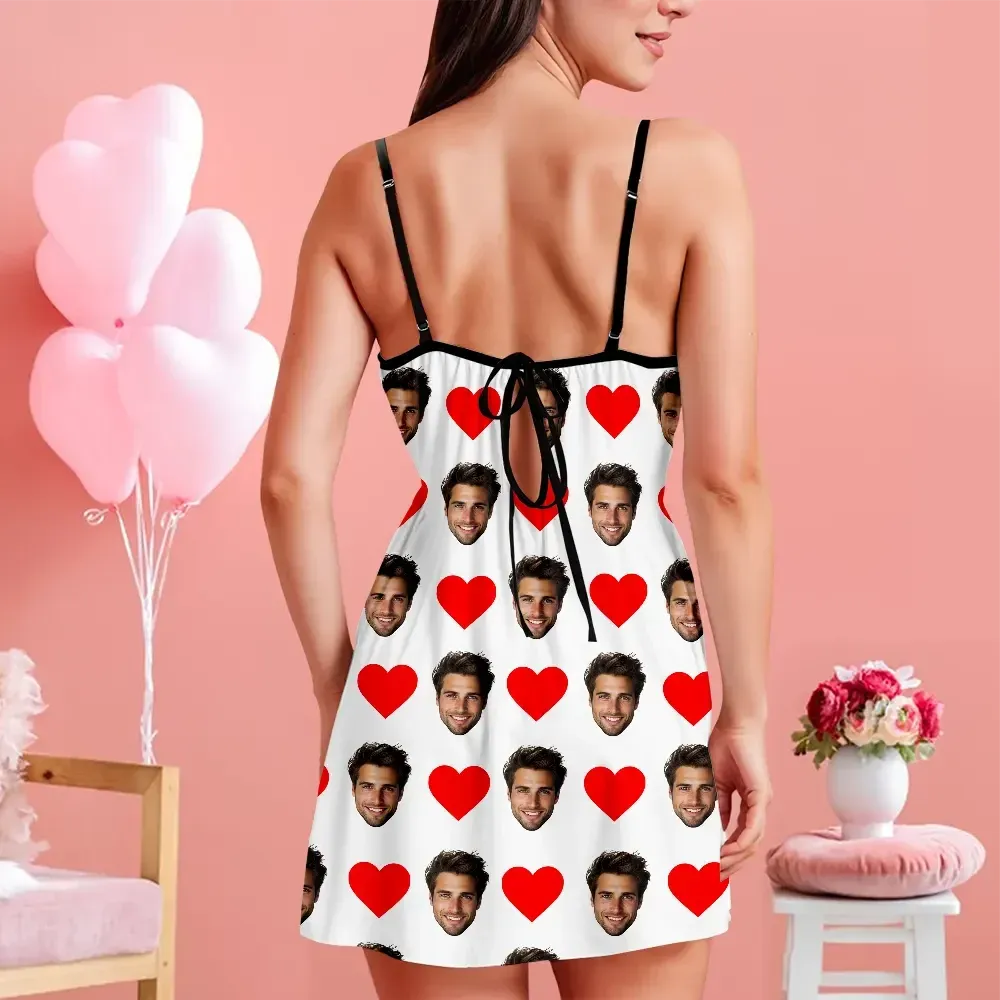 Custom Face Women Lace Suspender Sleepwear Personalized Heart V-neck Multi-Color Nightwear