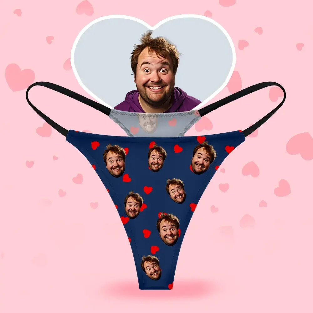 Custom Face Women's Thongs Heart Style Underwear, Birthday Gifts for Wife and Girlfriend